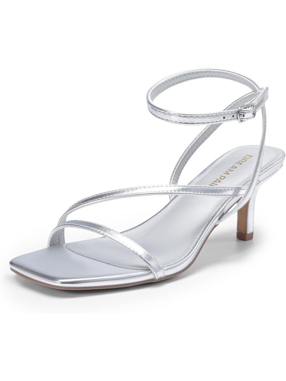 Women's Silver Faux Leather Low Kitten Heels Open Square Toe Ankle Strap Sandals